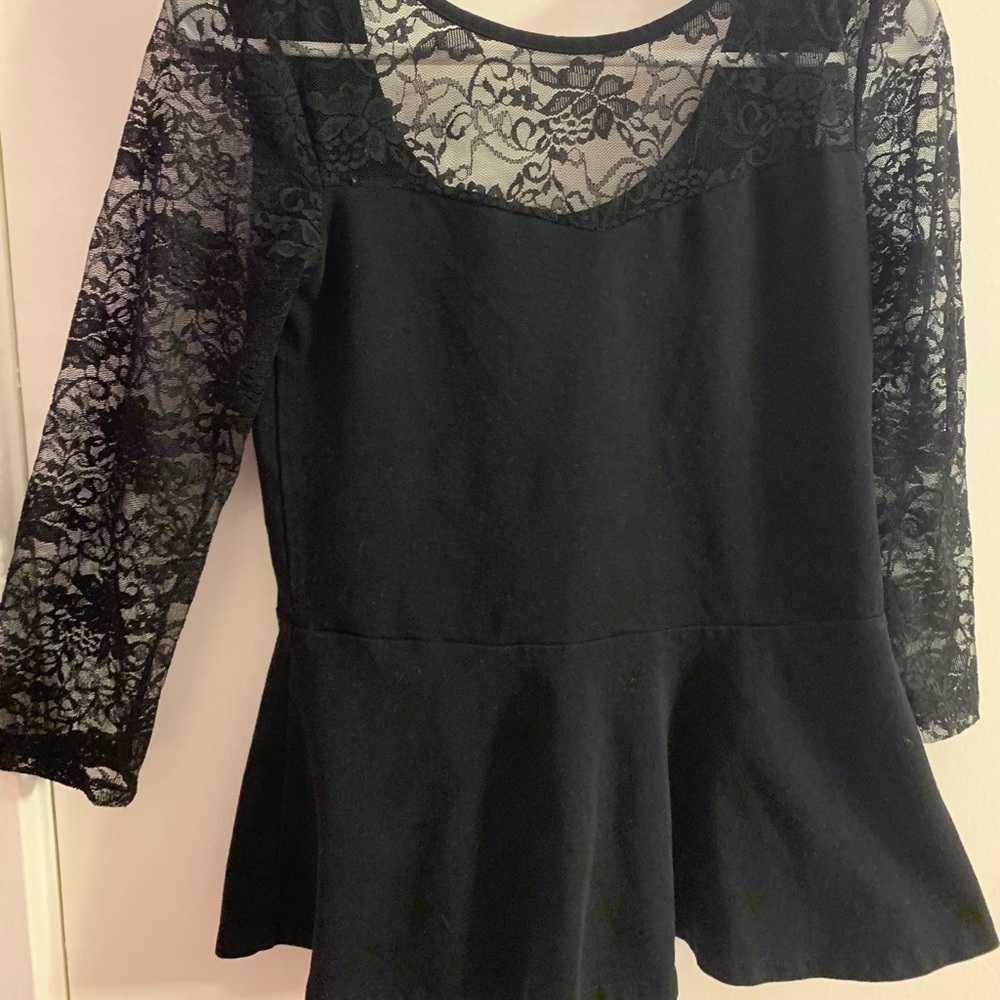 Peplum shirt with lace arms and chest from express